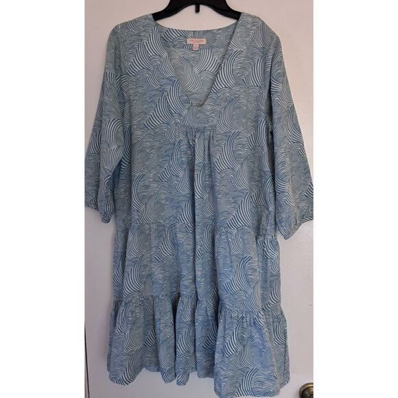 Pink Chicken Blue Print Cotton Summer dress Size M - Picture 1 of 6